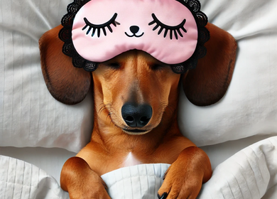 Nachtzug Reise Tipp: Schlafmaske und Ohrstöpsel sorgen für erholsamen Schlaf. Dargestellt durch einen rotbraunen Dackel der mit einer Schlafmaske im Bett liegt | © Bild erstellt mit KI (DALL·E von OpenAI)