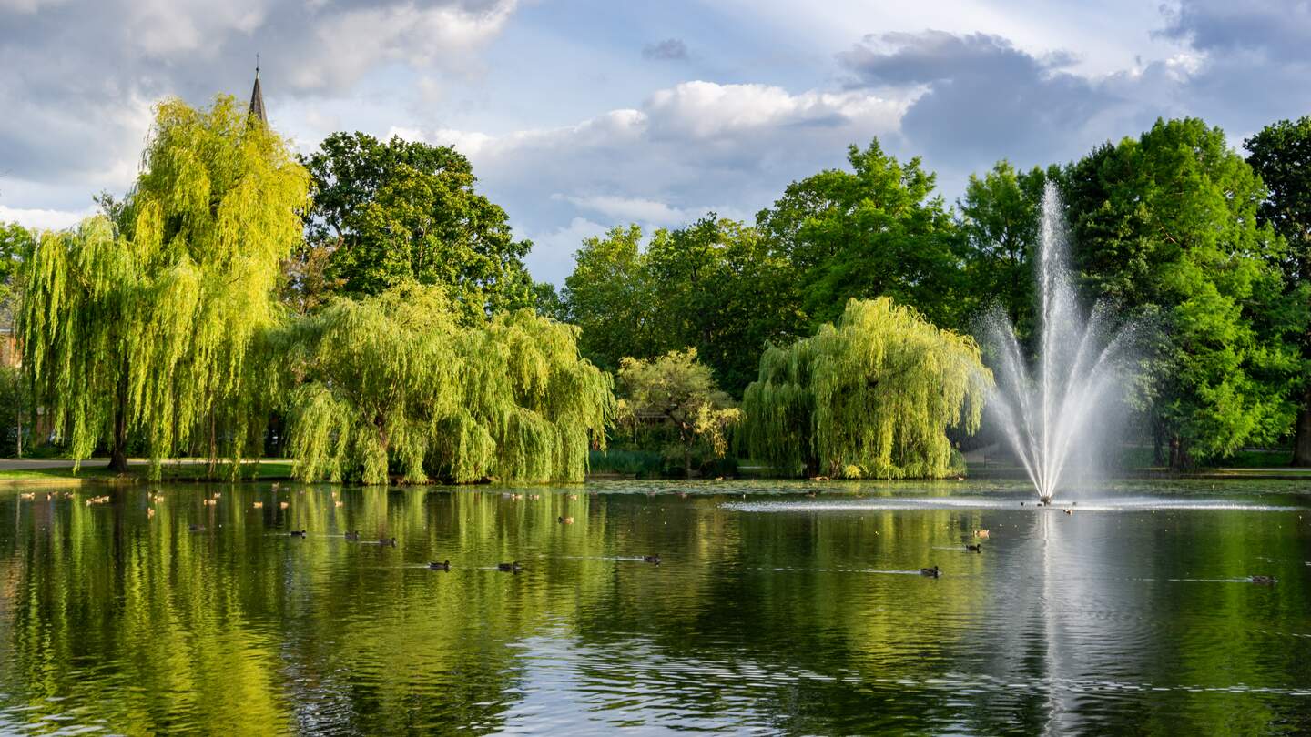 Blick auf wunderschoene Stadtgaerten und Park mit Teich und Geysirbrunnen bei gutem Wetter | © GettyImages.com/troyka