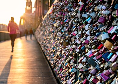 Liebesschlösser am Zaun der Hohenzollernbrücke in Köln im warmen Abendlicht. Menschen, die vorbeikommen. | © Gettyimages.com/Thomas Ramsauer