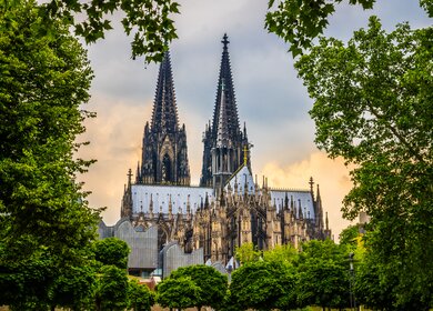 Kölner Dom in Köln, aufgenommen vom Fuße des Doms mit Bäumen im Vordergrund | © Gettyimages.com/Jan de Waal