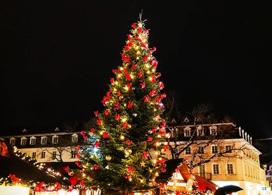 Wunderschoen dekorierte Staende und Weihnachtsbeleuchtung auf dem Weihnachtsmarkt in Saarbruecken | © Gettyimages.com/littleclie