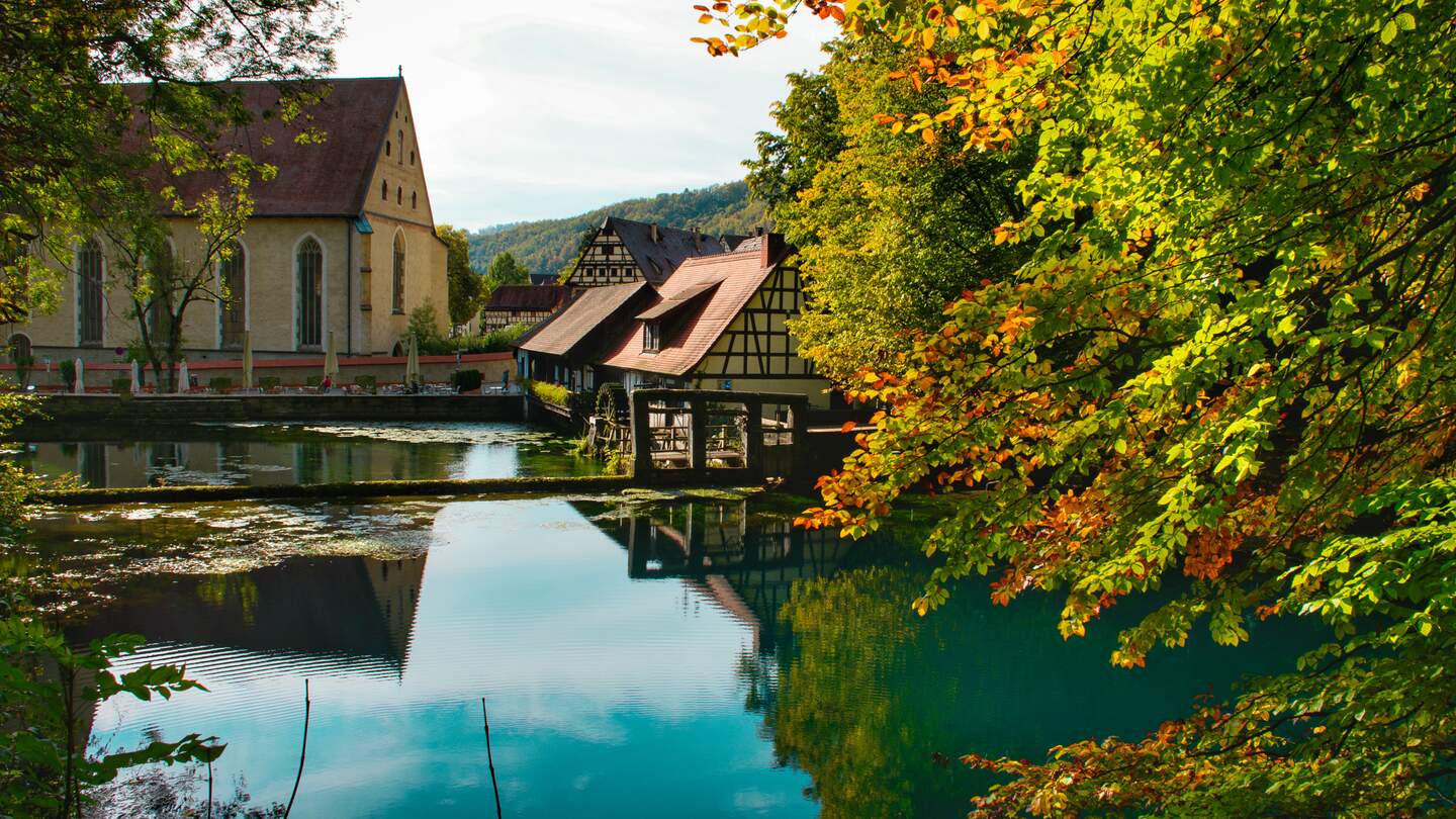 Blautopf in Ulm mit hebrstlich gefaerbten Baeumen bei gutem Wetter | © Gettyimages.com/Naman Sukhija