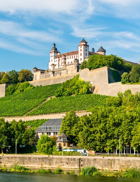 Blick hinauf zur Festung Marienberg in Wuerzburg bei gutem Wetter | © Gettyimages.com/Leonid Andronov