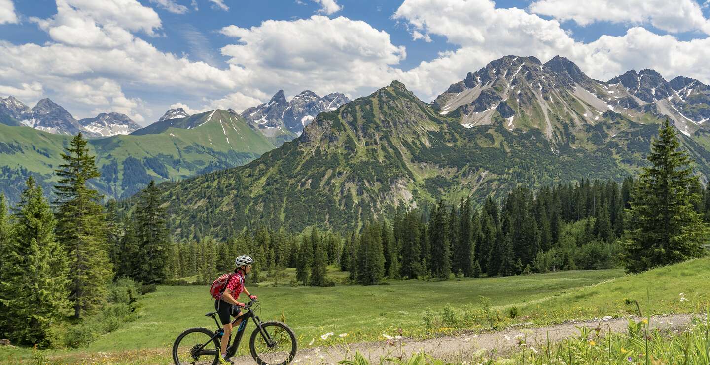 Frau auf dem Mountainbike auf dem Fellhorn in den Allgaeuer Hochalpen mit Trettach und Maedelegabel im Hintergrund, Allgaeu | © Gettyimages.com/Uwe Moser