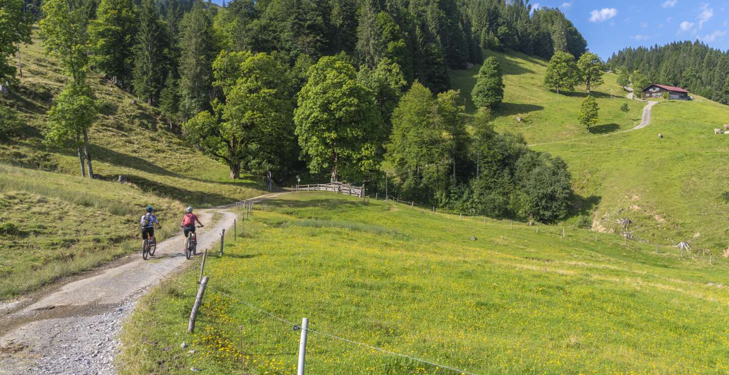 Zwei Personen fahren auf einem Feldweg mit Fahrraedern ueber die Allgaeuer Alpen in Richtung einer Huette die weiter oben liegt, Bayern, Deutschland | © GettyImages.com/Uwe Moser