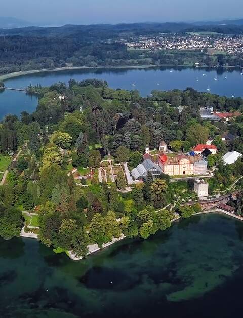 Luftbild der Insel Mainau am ruhigen Morgen am Bodensee | © Gettyimages.com/rusm