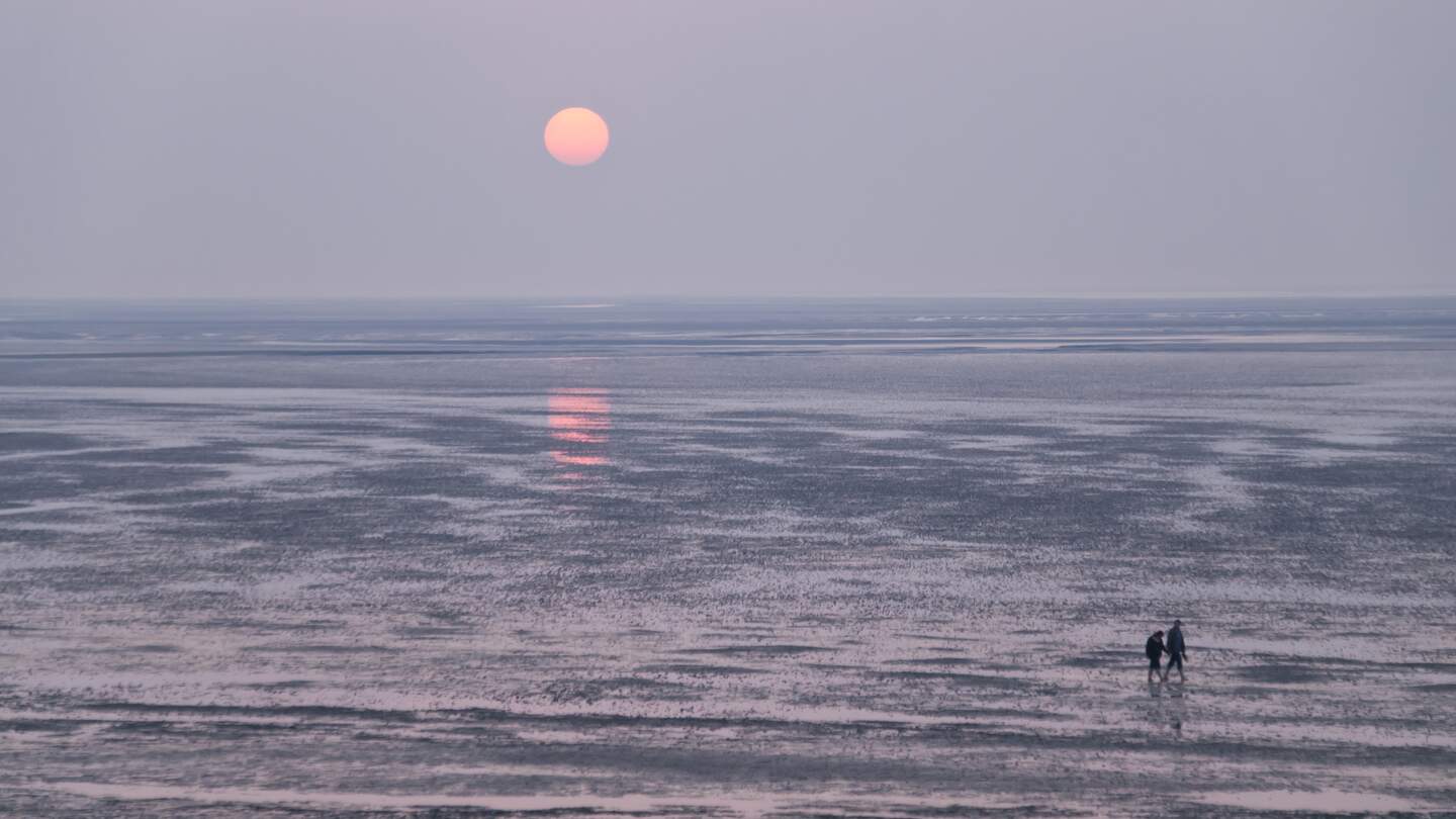 Zwei Menschen spazieren durchs Wattmeer in der Abendsonne | © Gettyimages.com/3quarks
