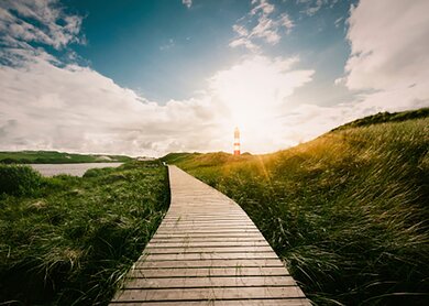 Ein Holzsteg führt bei Sonnenschein durch Wiesen und Wasser zu einem rot weißen Leuchturm | ©  Gettyimages.com/Manuel Gutjahr