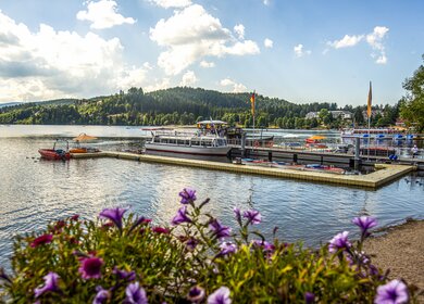 Blick auf einen Bootsanleger mit Booten auf dem Titisee bei Sonnenschein und leichten Wolken | © Gettyimages.com/Wirestock