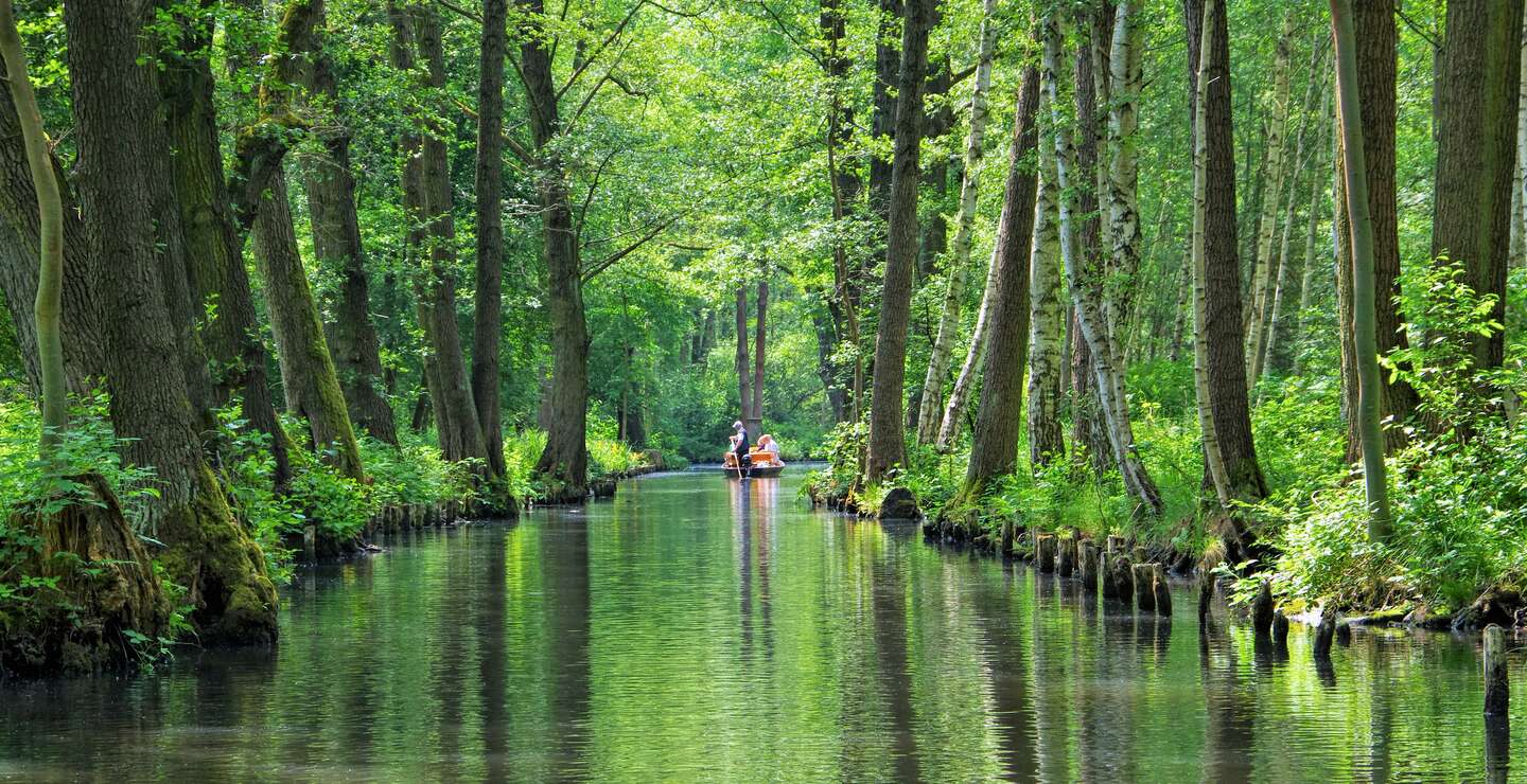 Spreewald-Wasserkanal mit Boot in der Ferne in Brandenburg | © Gettyimages.com/LianeM