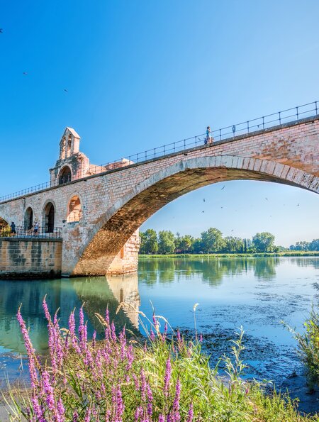 Untersicht auf eine alte Bruecke von Avignon ueber der Rhone mit strahlender Sonne | © Gettyimages.com/extravagantni