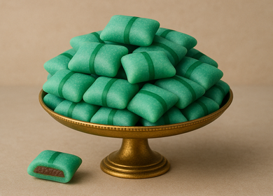 Coussin de Lyon, französische Praline, typisch für Lyon, mit türkisgrüner Marzipanhülle und cremiger Schokoladenganache, verfeinert mit Curaçao. | © Bild erstellt mit KI (DALL·E von OpenAI)