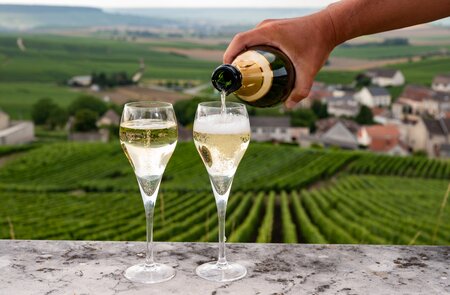 Verkostung von Brut und Demi-Sec Weißchampagner-Sekt aus speziellen Flötengläsern mit Champagner-Weinbergen | © Gettyimages.com/barmalini