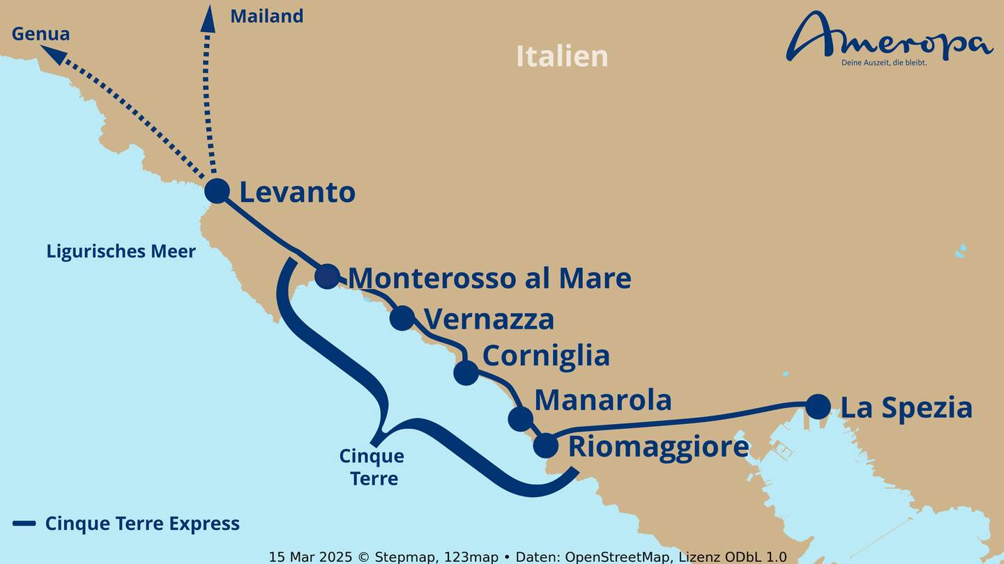 Karte der Cinque Terre Dörfer in Italien mit Bahnverbindung des Cinque Terre Express Zugs | © stepmap, 123map