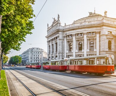 Wiener Ringstrasse, Burgtheater und Strassenbahn bei Sonnenaufgang | © Gettyimages.com/bluejayphoto
