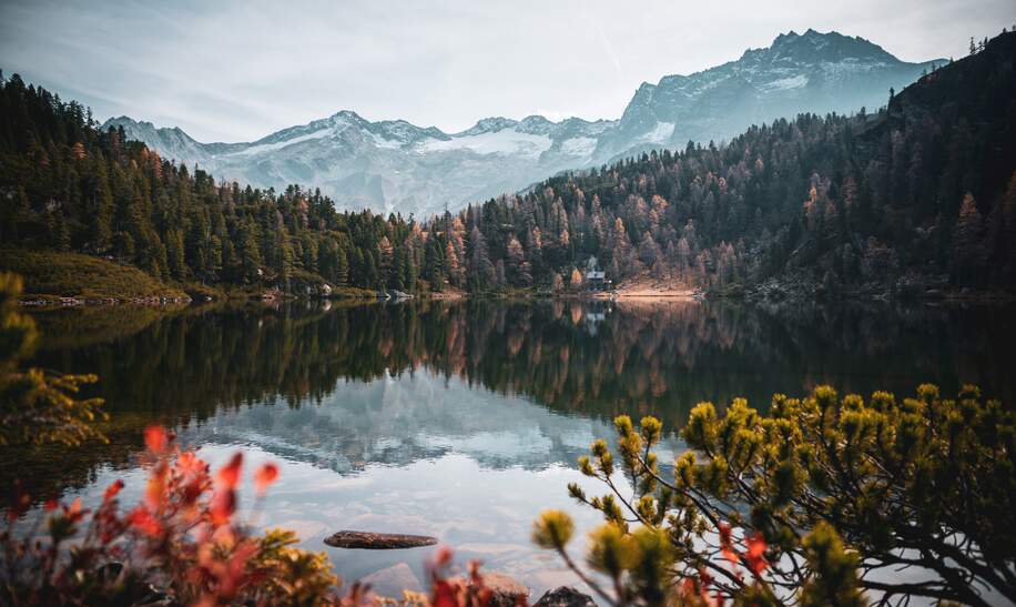 Herbstlich verfärbte Bäume spiegeln sich im ruhigen Wasser des Reedsees, umgeben von idyllischer Berglandschaft in den österreichenischen Alpen. | © Gettyimages.com/EyeEm Mobile GmbH