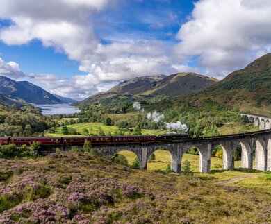 Beruehmten Glenfinnan Eisenbahnviadukt in Schottland. Ein Zug faehrt gerade ueber das gigantische Bauwerk mit atemberaubenden Hintergrund | © Gettyimages:com/catuncia