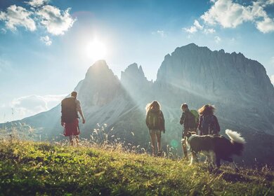 Eine Gruppe von jugendlichen Freunden, zusammen mit einem Hund (Border Collie), Abenteuer auf dem Berg, auf den italienischen Dolomiten. | © Gettyimages.com/piola666