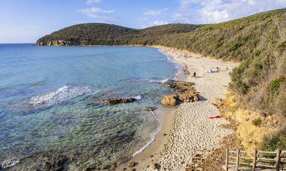 Bucht der Cala Violina in der Toskana mit langem Sandstrand, blauem Meer und grünen Hügeln | © Gettyimages.com/Orietta Gaspari - 2021