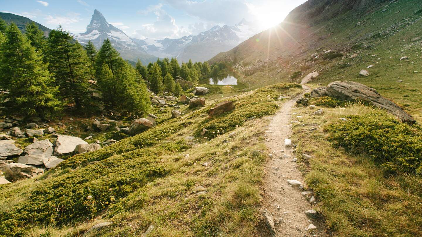 Wanderweg mit Blick auf das Matterhorn in Zermatt bei Sonnenschein | © Gettyimages.com/4maksym