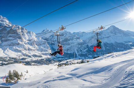 Zwei Personen fahren an einer Zipline über eine verschneite Berglandschaft. Im Hintergrund erheben sich majestätische, schneebedeckte Gipfel unter einem klaren blauen Himmel mit strahlender Sonne. Die Szene vermittelt Abenteuerlust in winterlicher Alpenkulisse. | © Jungfraubahnen, David Birri