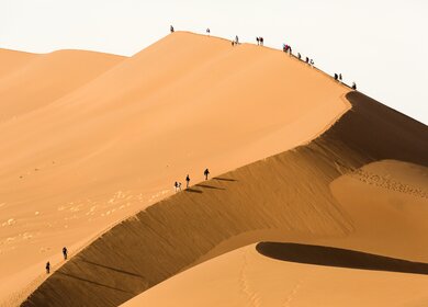 Tourist klettert auf eine Sanddüne in Sossusvlei bei einer Fahrt mit dem African Explorer.  | © Gettyimages.com/2630ben