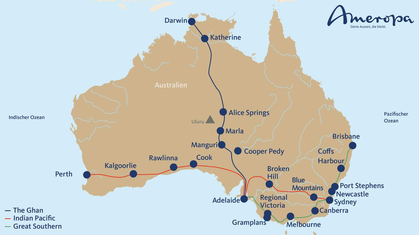 Streckenplan der Bahn-Erlebnisreisen-Routen in Australien von The Ghan, Indian Pacific und Great Southern  | © Ameropa-Reisen GmbH