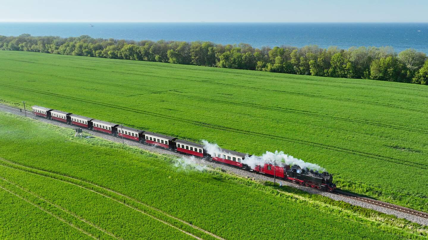Luftaufnahme des historischen Dampfzuges Molli bei Heiligendamm, umgeben von grüner Landschaft und Ostsee. | © Gettyimages.com/tane-mahuta