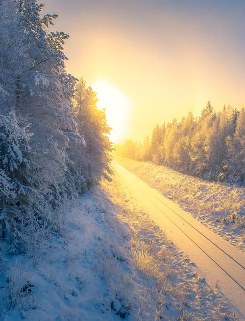 Verschneiter Winterbahnblick auf einer Bahn-Erlebnisreise in Sotkamo, Finnland. | © GettyImages.com/	Ville Heikkinen