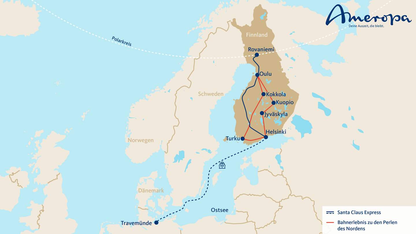 Streckenverlauf der Erlebnisreisen in Finnland | © Ameropa-Reisen GmbH