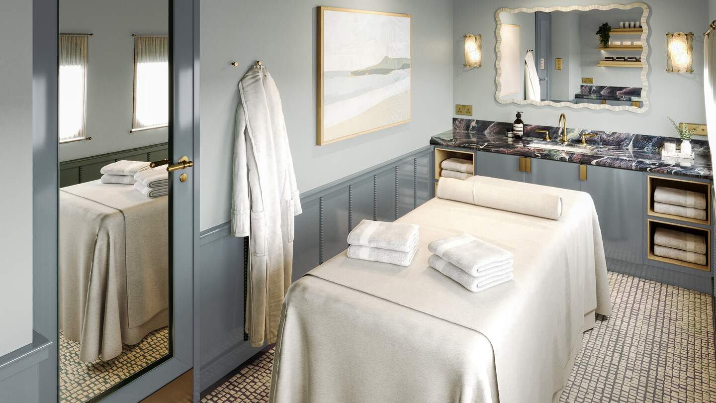 Ein Wellnessraumim Britannic Explorer mit blauen Akzenten | © Britannic Explorer