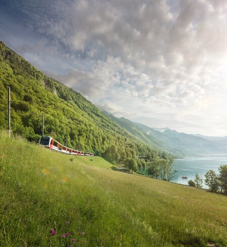 Luzern-Interlaken Express faehrt vorbei am Brienzersee in der Schweiz | © Zentralbahn AG/Simon+ Kim  