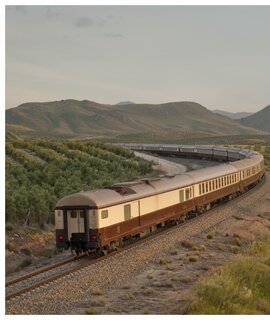 Der El Tren al Andalus auf den Schienen in einer grünen Steppenlandschaft in Andalusien. | ©  1999 Adobe Systems Incoporated/Renfe