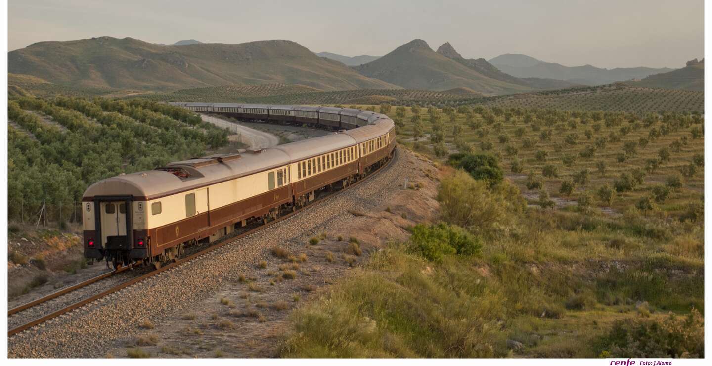 Der El Tren al Andalus auf den Schienen in einer grünen Steppenlandschaft in Andalusien. | ©  1999 Adobe Systems Incoporated/Renfe