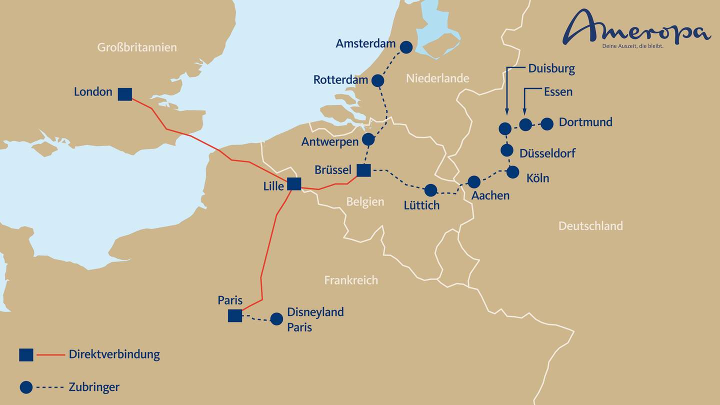 Strecken Eurostar in Deutschland, Belgien, Großbritannien und Frankreich | © Ameropa-Reisen GmbH