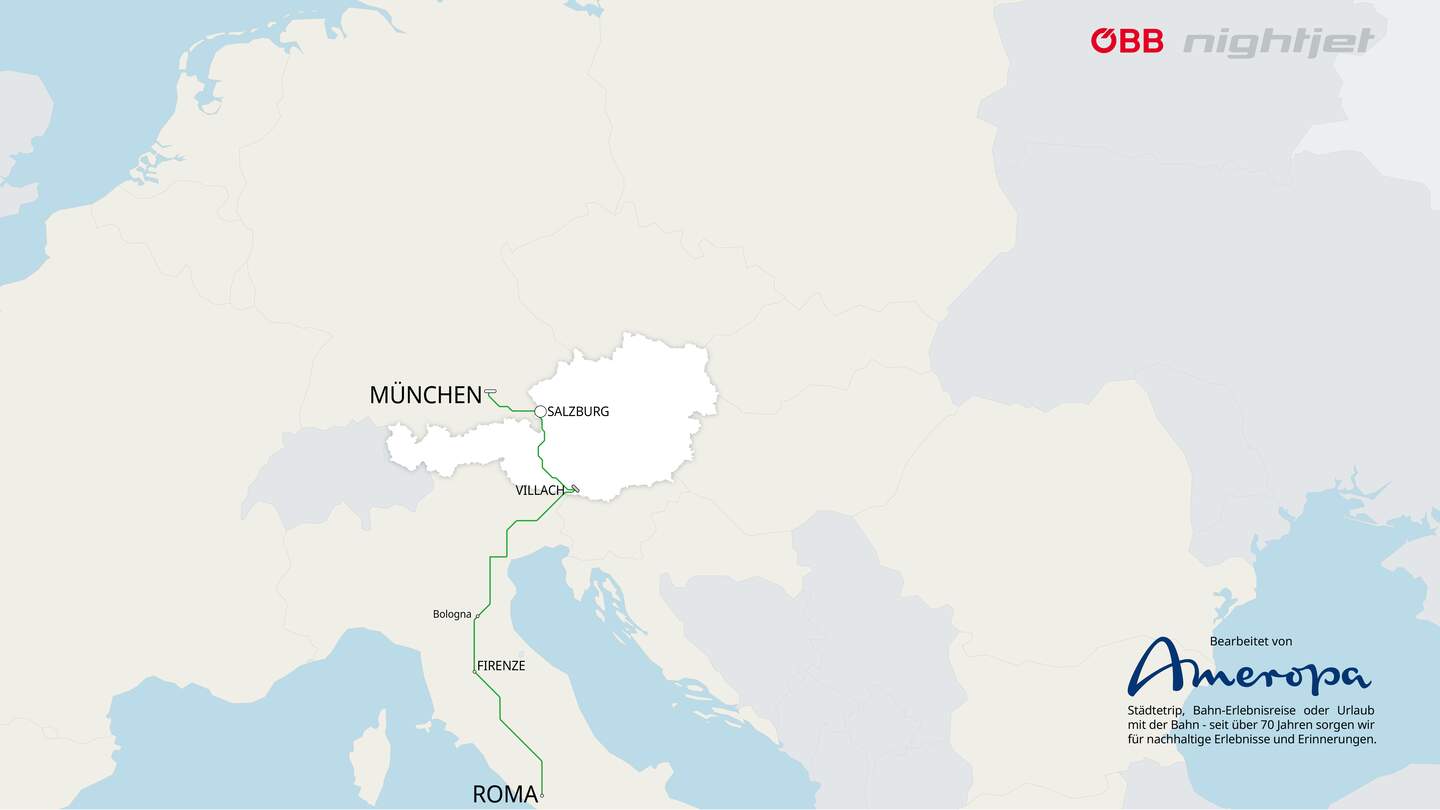 Karte München - Rom | © öbb nightjet/Ameropa Reisen
