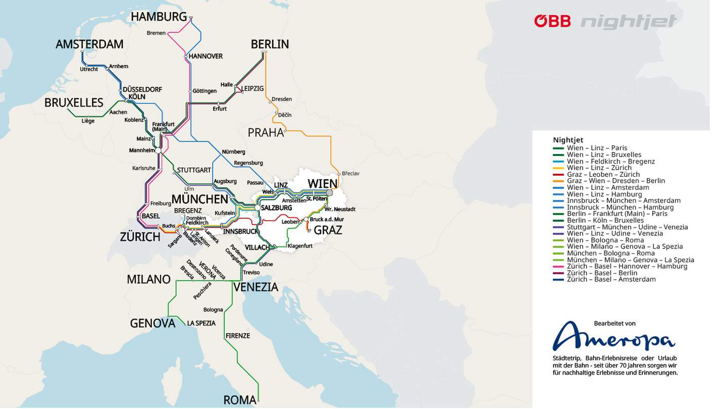 Karte aller Verbindungen des Nachtzug Nightjet in Europa  | © ÖBB/Ameropa-Reisen GmbH