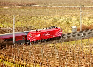 OBB Richtung Zukunft Zug faehrt vorbei an Reben | © ÖBB/Andreas Scheiblecker
