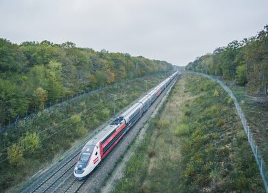TGV Lyria der SNCF fährt durch eine grüne Landschaft zwischen Frankreich und der Schweiz – komfortable und umweltfreundliche Zugreise | © Olivier Foulon/Groupe SNCF