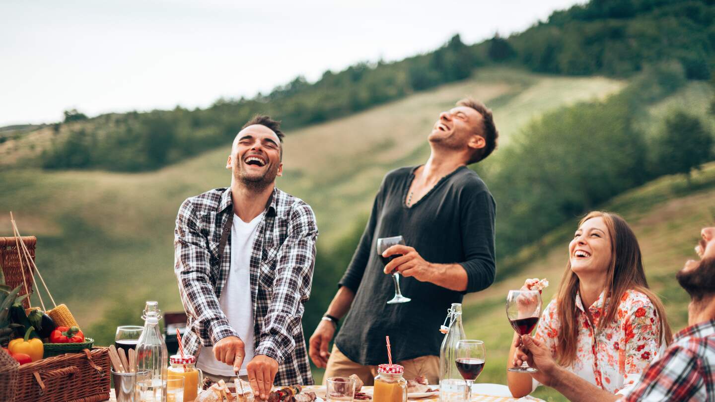 Freunde stossen beim Picknick im Freien an | © Gettyimages.com/franckreporter