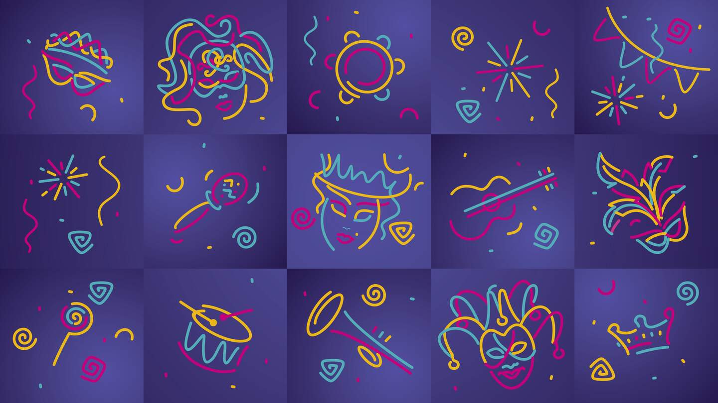 In kleinen Feldern sind karnevalsymbole, wie Maseken und Luftschlangen grafisch dargestellt | © GettyImages.com/Sinisa Vidic