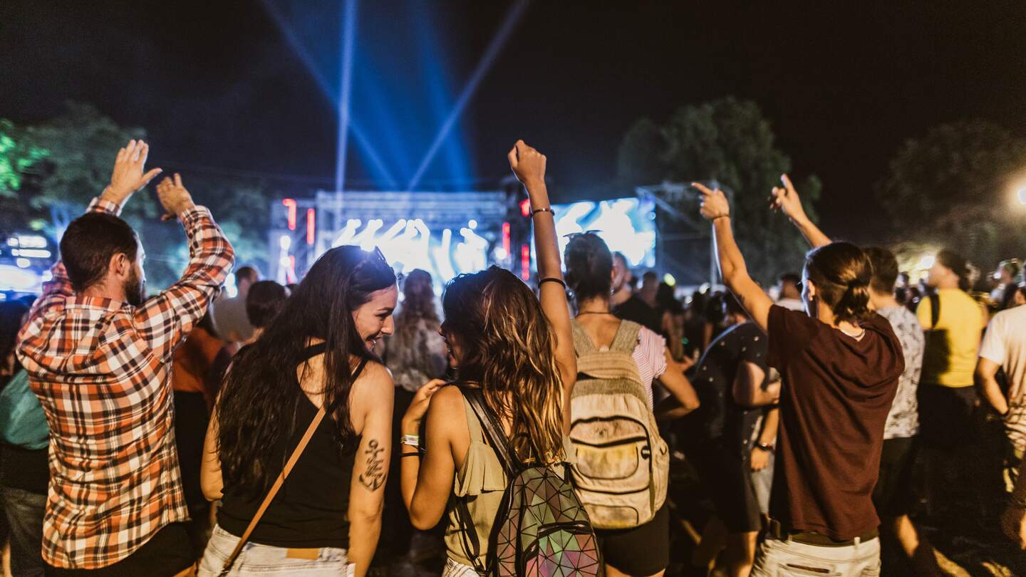 Rückansicht von glücklichen Freundinnen, die sich während des Musikkonzerts bei Nacht unterhalten. | © Gettyimages.com/skynesher
