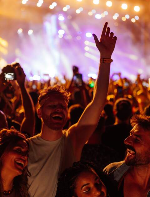 Eine Gruppe junger Freunde feiert auf einem Sommermusikfestival. Sie tanzen vor der Buehne.  | © Gettyimages.com/bernardbodo