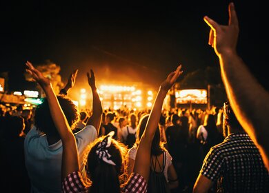 Rueckansicht einer grossen Gruppe von Menschen, die eine Konzertauffuehrung geniessen | © Gettyimages.com/gilaxia
