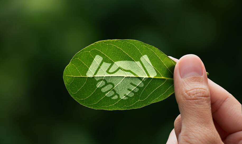 Hand hält grünes Blatt mit Handschlagsymbol  | © Gettyimages.com/iStockphoto