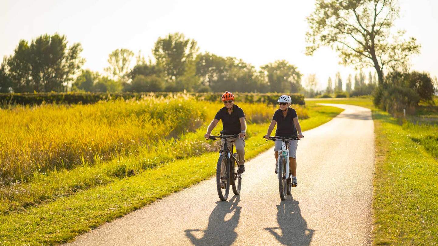 Zwei glueckliche Seniorenpaare im Alter von 70 bis 75 Jahren radeln auf Elektrofahrrädern auf Radwegen durch flache laendliche Landschaft | © gettyimages.com/ amriphoto