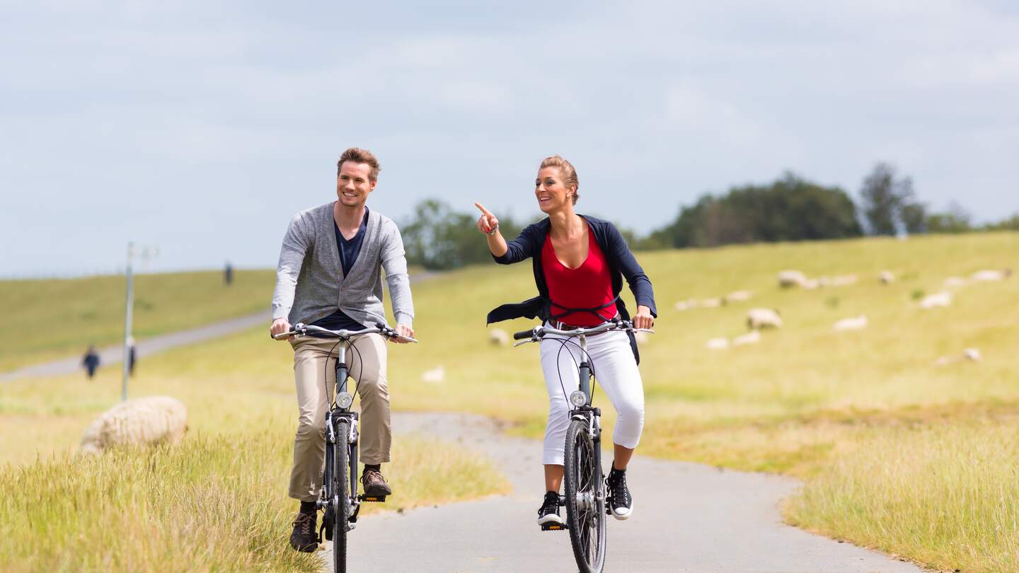 Paar faehrt auf Fahrraedern an der Kueste am Deich mit Schafen im Hintergrund und die Frau zeigt auf etwas das sich vor ihr befinden muss | © GettyImages.com/kzenon