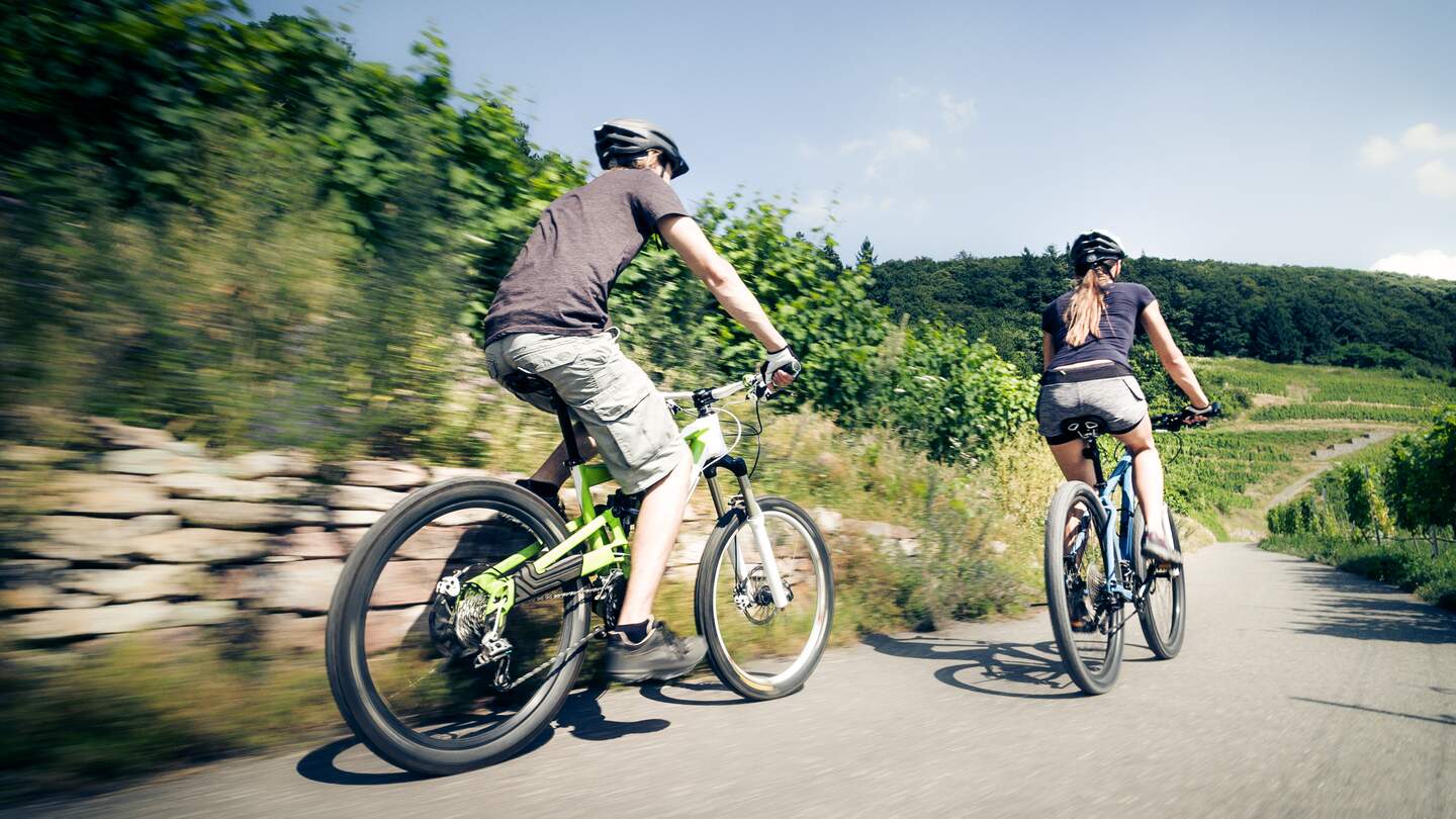 Paar faehrt schnell einen Berg am Weinfeld hinunter und ist dabei von hinten zu sehen, vor ihnen sind weitere Weinfelder und Berge | © GettyImages.com/nullplus
