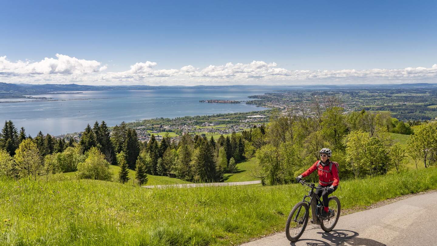 Radfahrer fährt in grünen Obstwiesen oberhalb des Bodensees | © Gettyimages.com/uwe-Moser